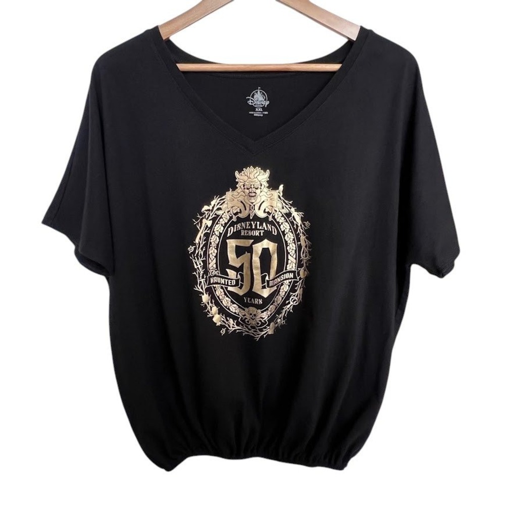 Disneyland Haunted Mansion 50th Anniversary Shirt Gold Black V-Neck XXL Womens